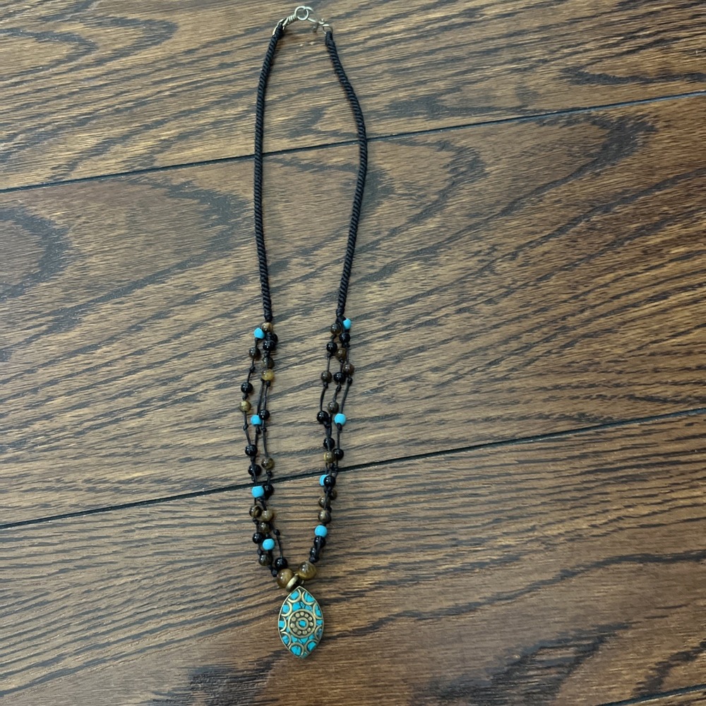 Guardian Turquoise & Gemstone Beaded Pendant Necklace Pendant Brown Black Blue